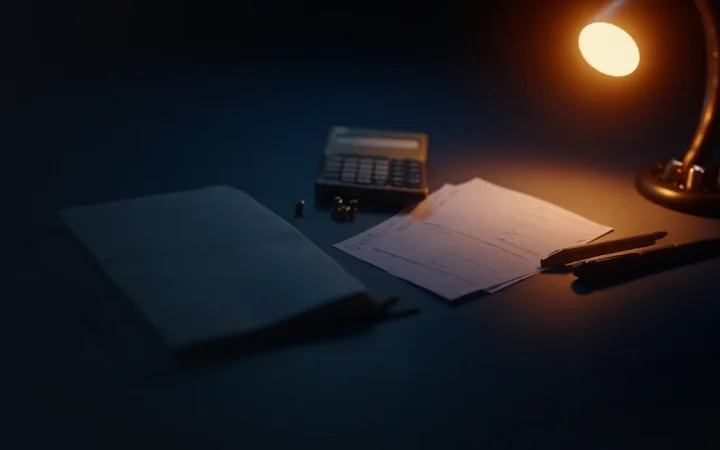 A dark desk with blank forms, a calculator, and a pen lit by orange light.