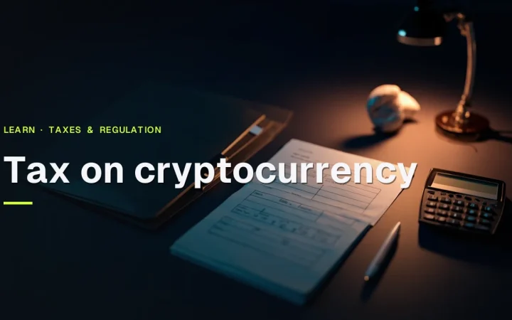 The title Tax on cryptocurrency over a dark desk with blank forms, a calculator, and a pen lit by orange light.