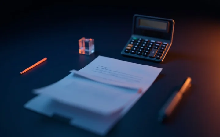 En tom formular og lommeregner på et mørkt skrivebord oplyst af varmt orange lys