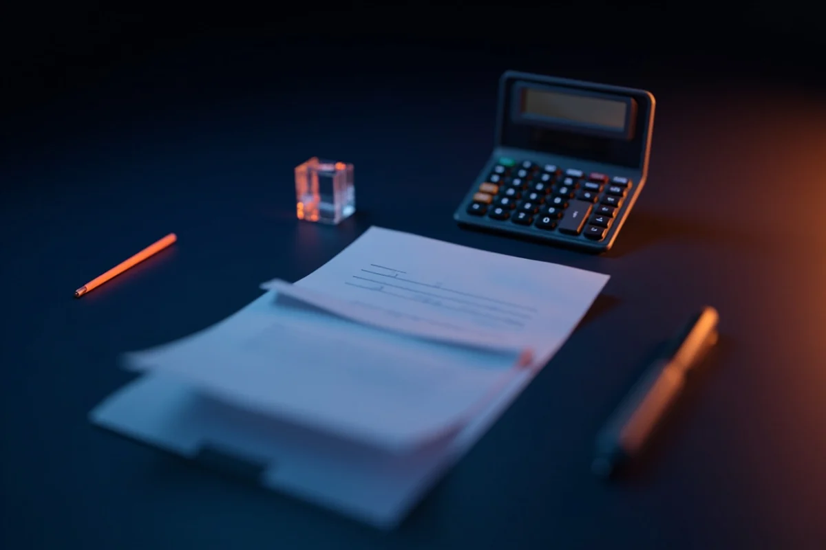 A blank form and calculator on a dark desk lit by warm orange light