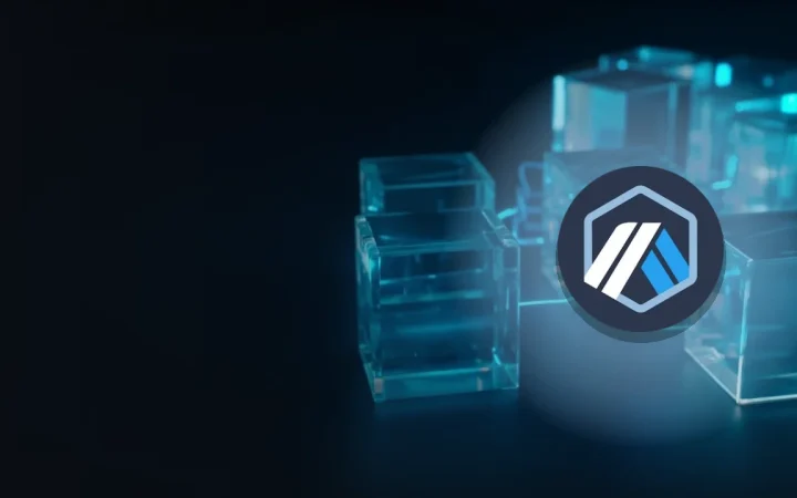 The Arbitrum logo over glass blocks joined by glowing cyan light on a dark navy background.