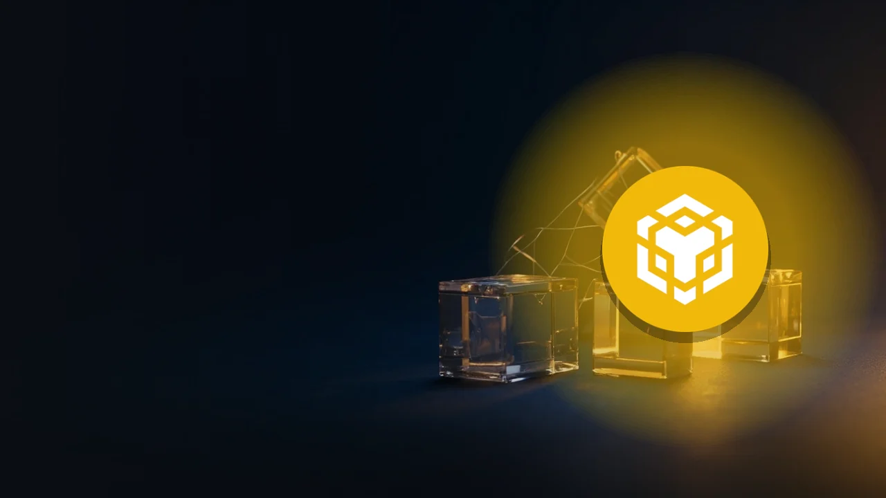 El logotipo de BNB sobre un fondo azul marino oscuro con bloques de cristal dorados brillantes unidos por luz a la derecha.