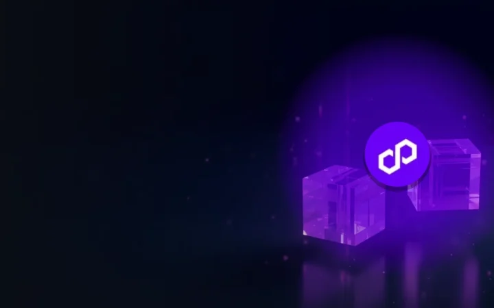 Polygon-logotypen över en mörk marinblå bakgrund med violett upplysta glasblock sammanlänkade av ljus till höger och tomt mörker till vänster.