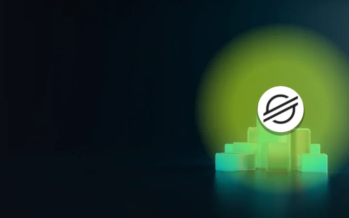Stellar-logoet over glasblokke forbundet af glødende teal-lys på en mørk navybaggrund.