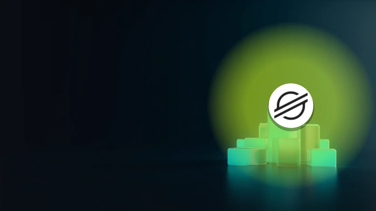 Stellar-logoet over glasblokke forbundet af glødende teal-lys på en mørk navybaggrund.