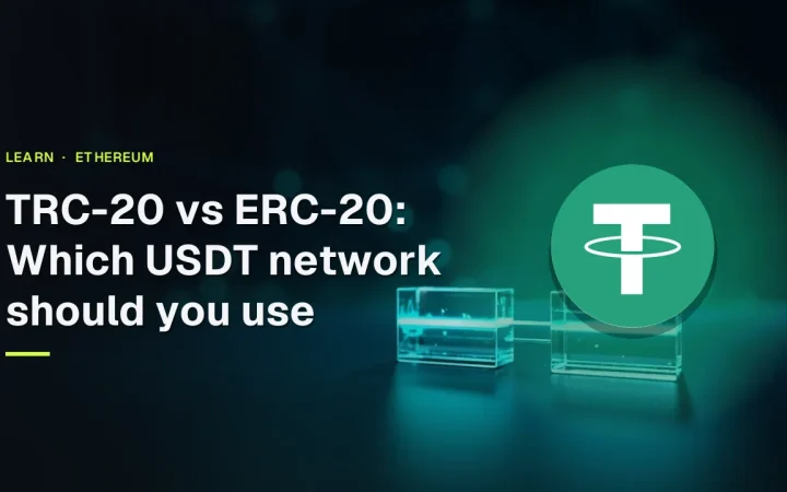 USDT logo over two glass blocks joined by teal light on a dark navy background for a TRC-20 vs ERC-20 guide