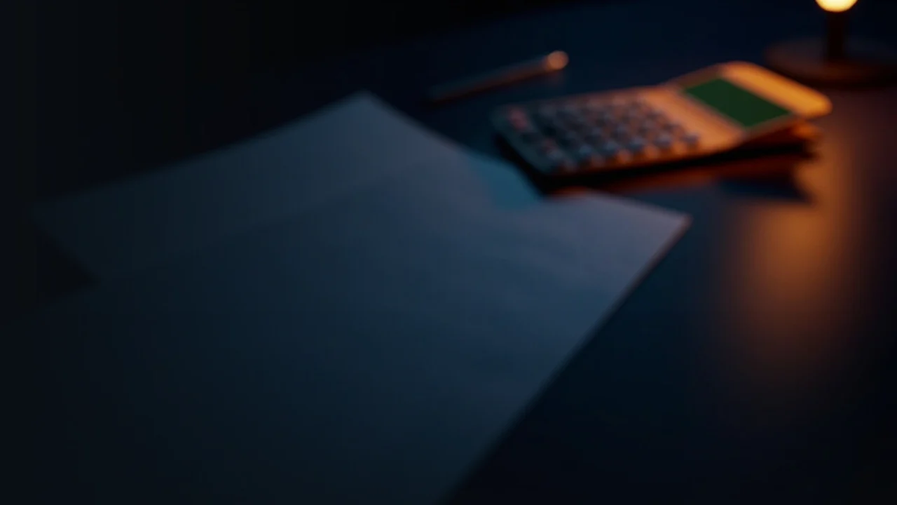A dark navy desk with blank forms, a calculator and a folder in glowing orange light.