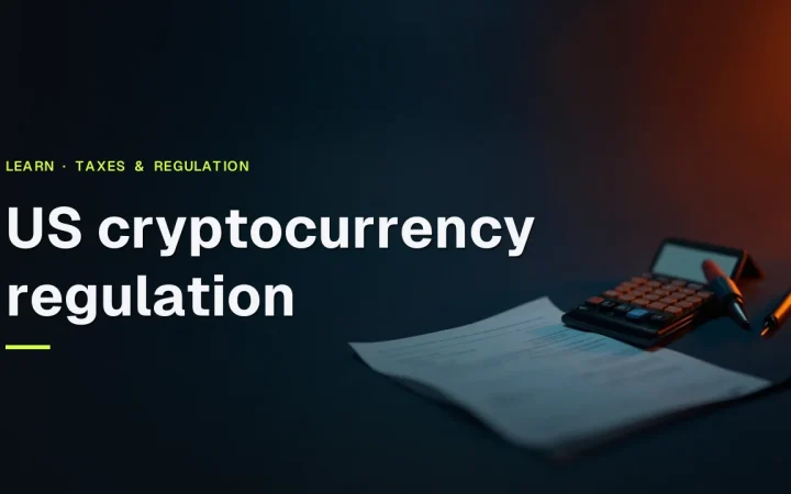 The title US cryptocurrency regulation over a dark navy desk with blank forms, a calculator and a folder in glowing orange light