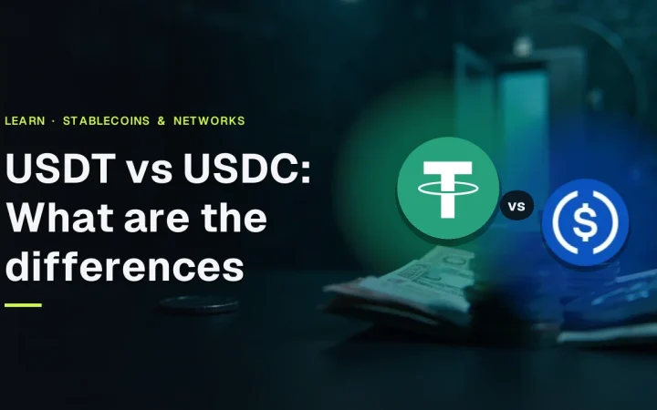 The title USDT vs USDC with the Tether and USD Coin logos over a dark navy vault room with blank coins and a glass vault door in teal light.