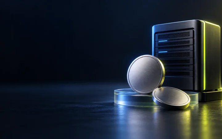 Cloud-computing server beside unmarked tokens, illustrating Akash Network and the new margin market.