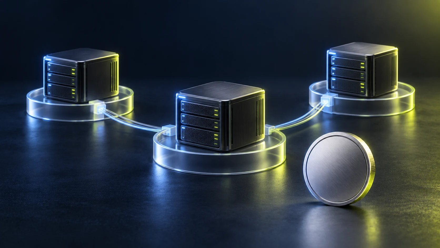 Connected computing nodes and an unmarked token, illustrating a decentralized cloud marketplace.