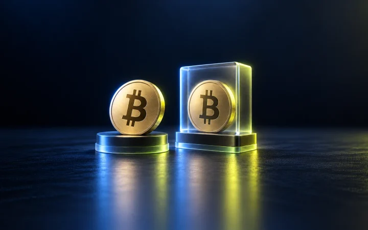 An exposed Bitcoin coin beside a coin in a transparent sleeve, illustrating native and wrapped BTC.