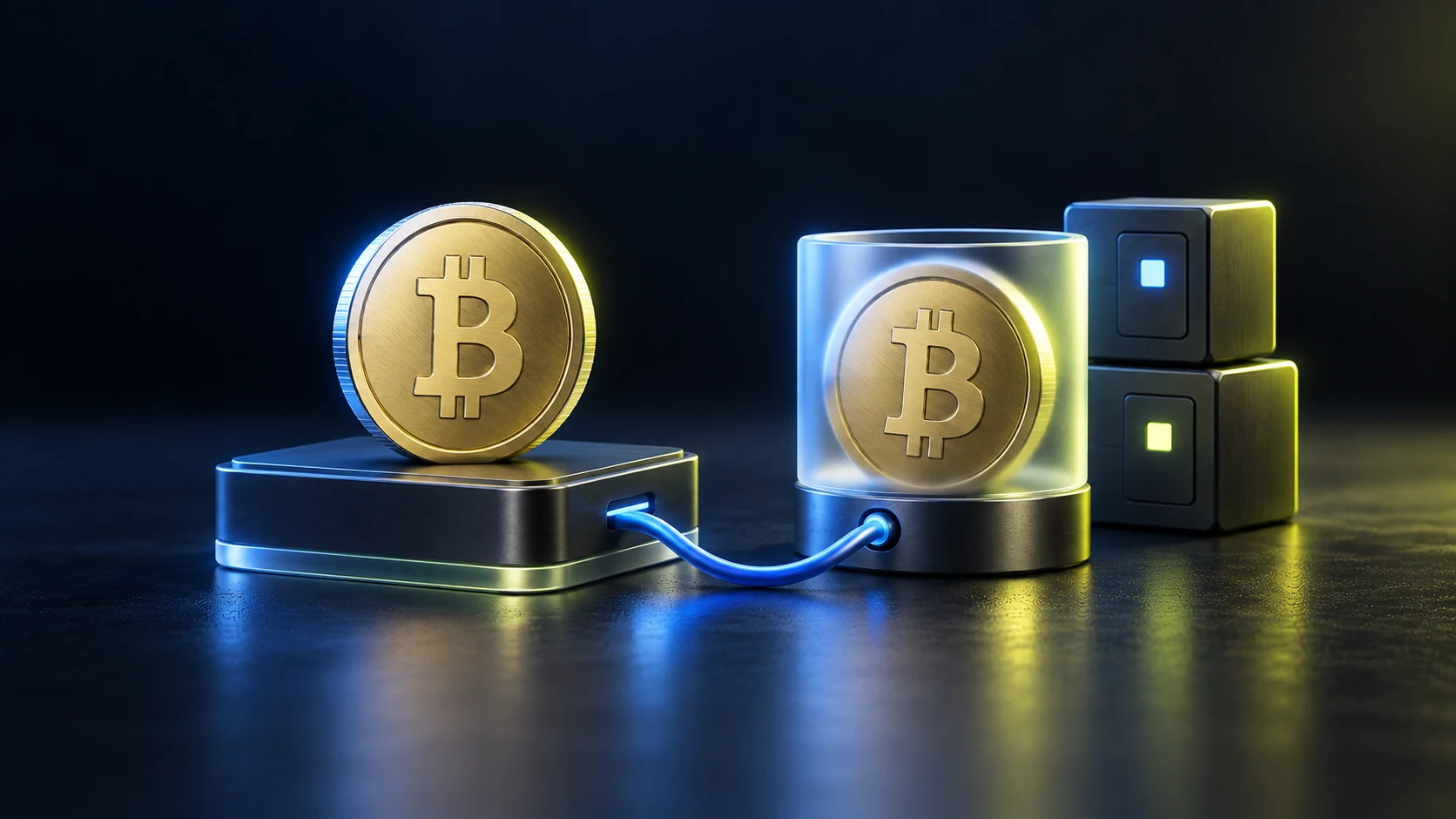 Bitcoin representations on separate platforms beside application blocks, illustrating different workflows.