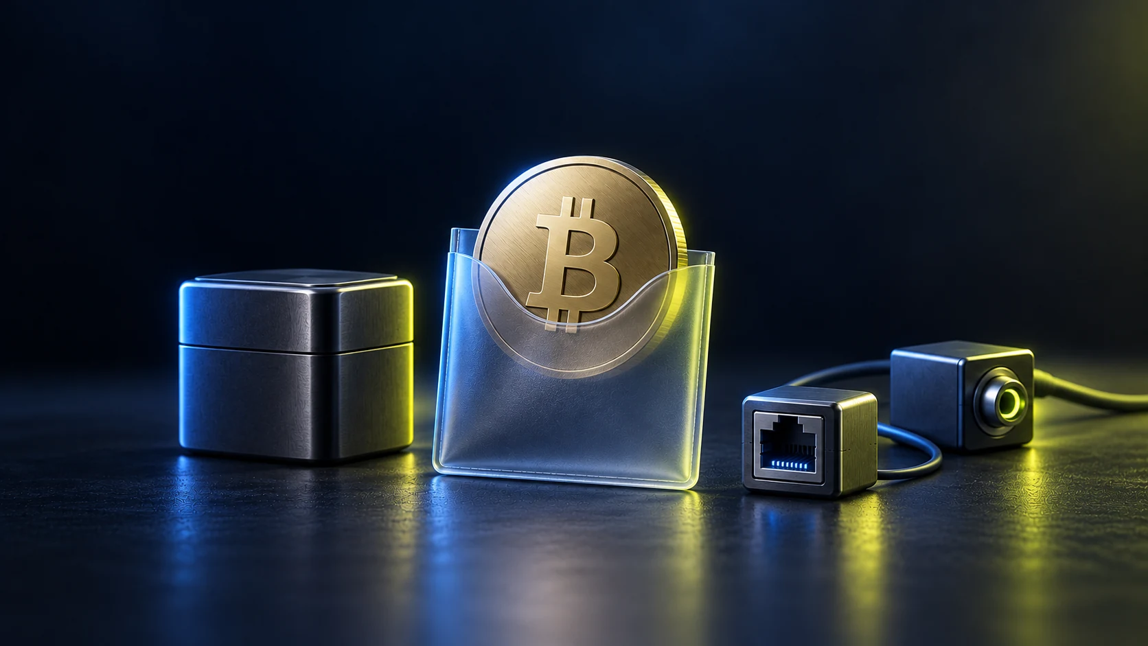 A Bitcoin coin in an open sleeve beside a custody container and network interfaces, illustrating due diligence.