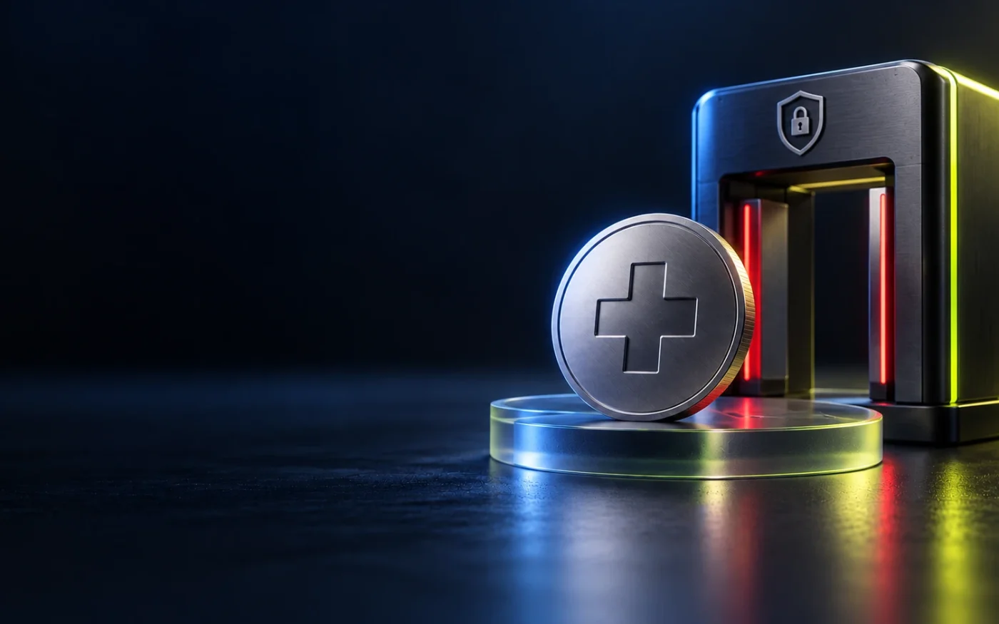 Swiss-franc-themed digital token beside a secure exchange gateway, illustrating ZCHF trading availability.