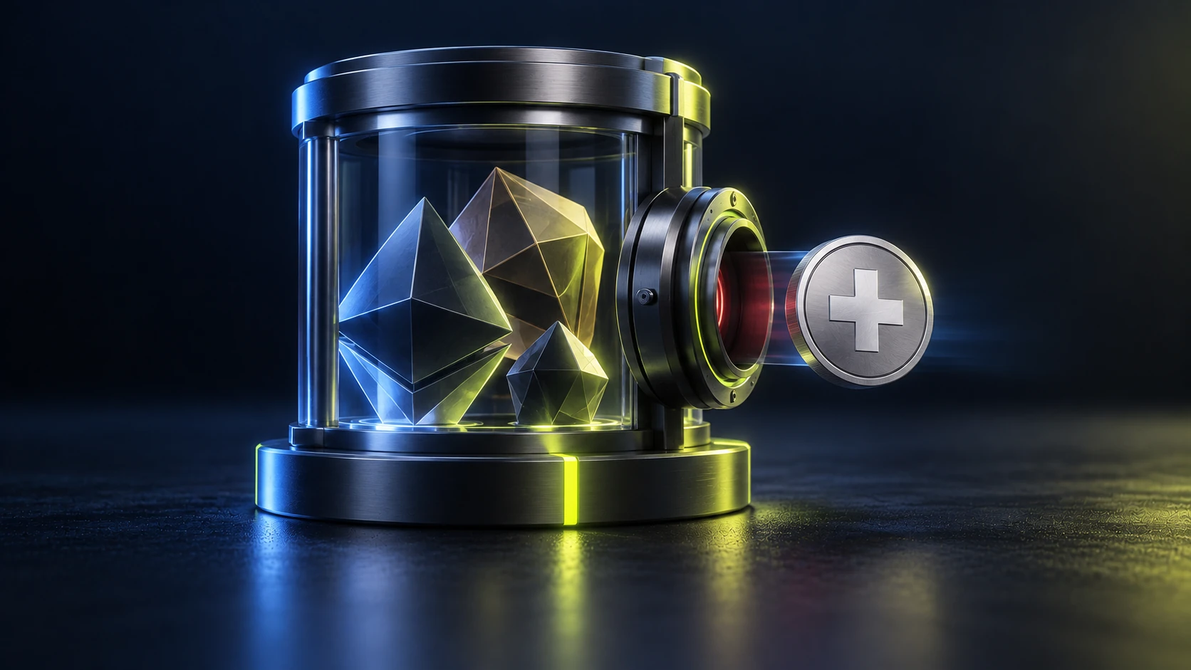 Digital token emerging from a locked collateral chamber, illustrating over-collateralized minting.