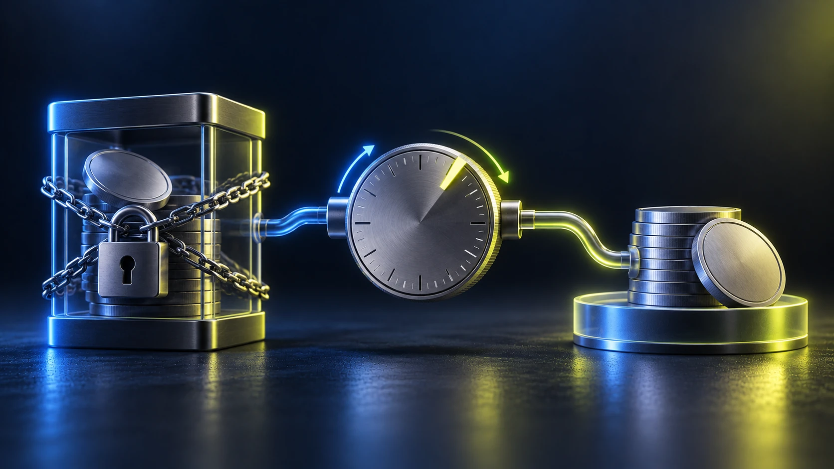 Locked crypto collateral connected through a variable-rate dial to borrowed tokens.