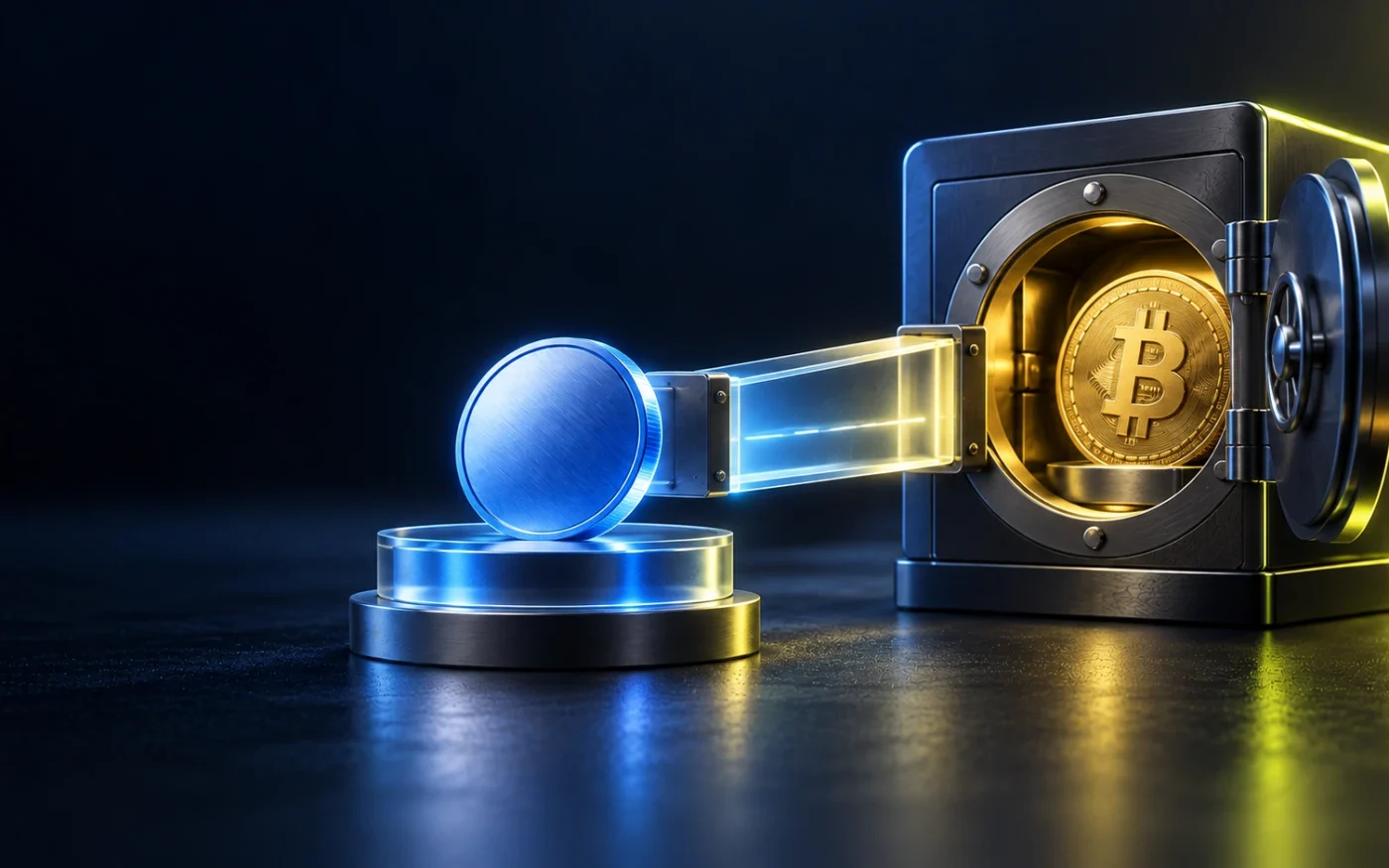 Bitcoin secured in a vault and linked to a separate blue representation token.