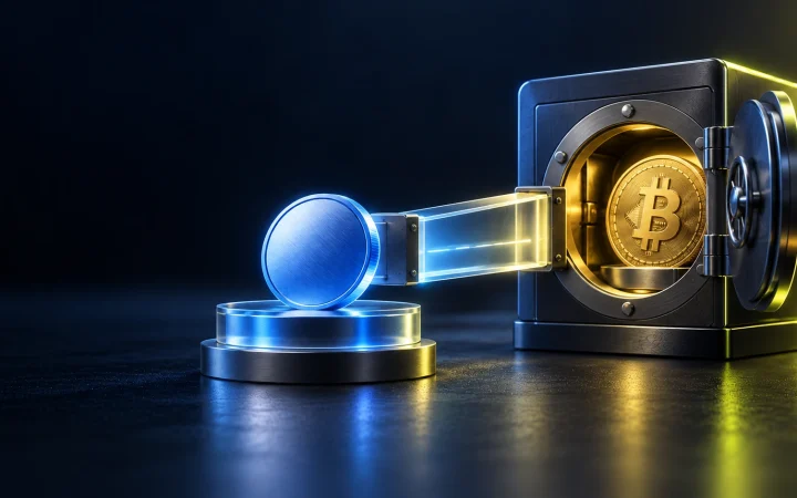 Bitcoin secured in a vault and linked to a separate blue representation token.