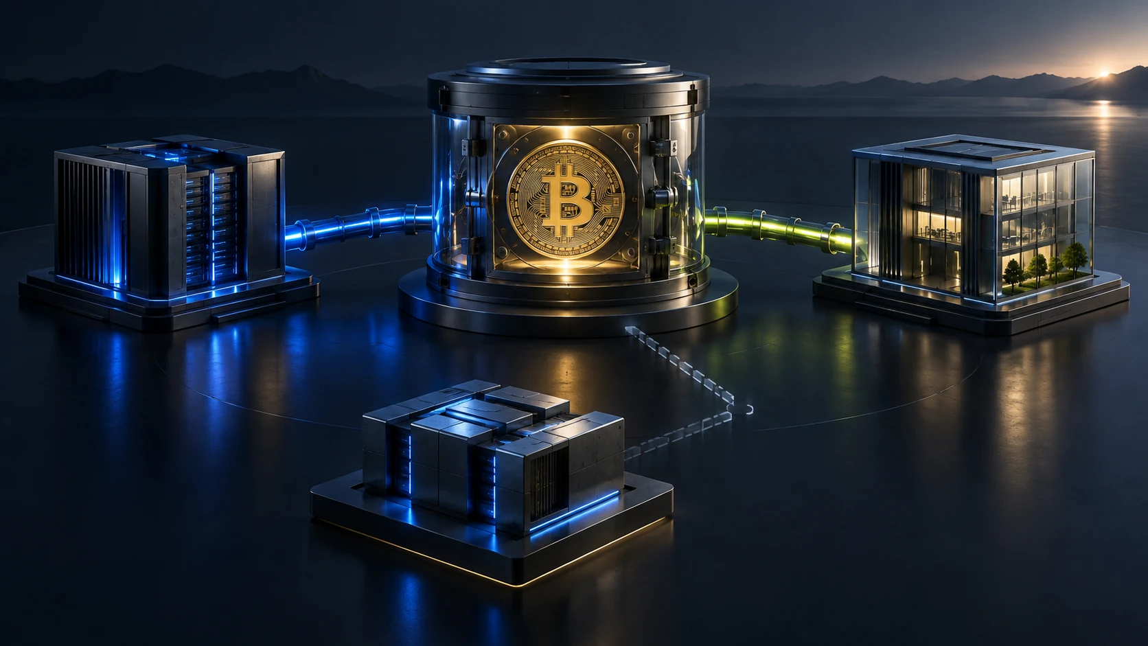 Secure custody and application nodes arranged around a staged Bitcoin collateral route.