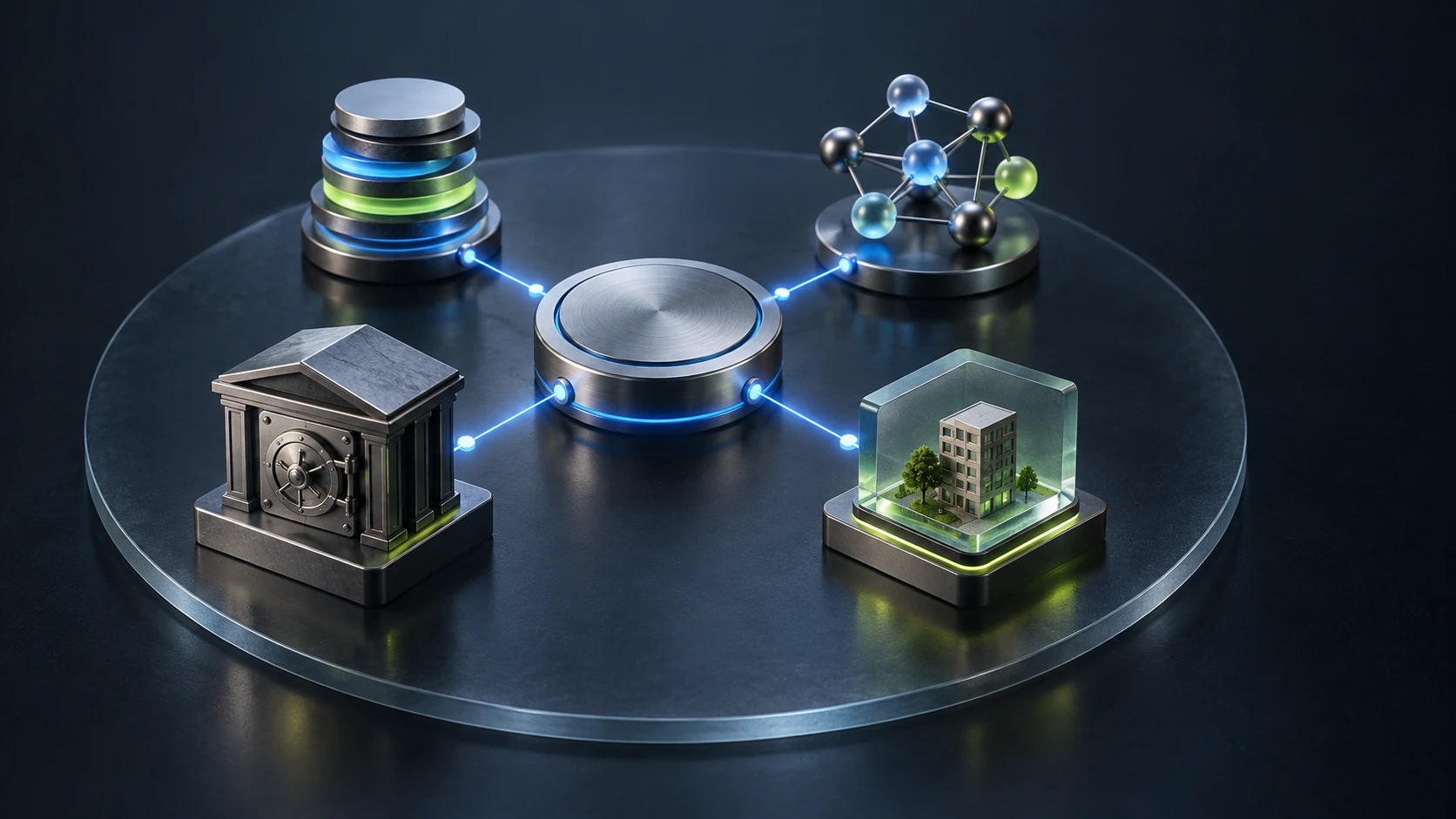 A central market hub connects separate token, network, custody and tokenised-asset modules.