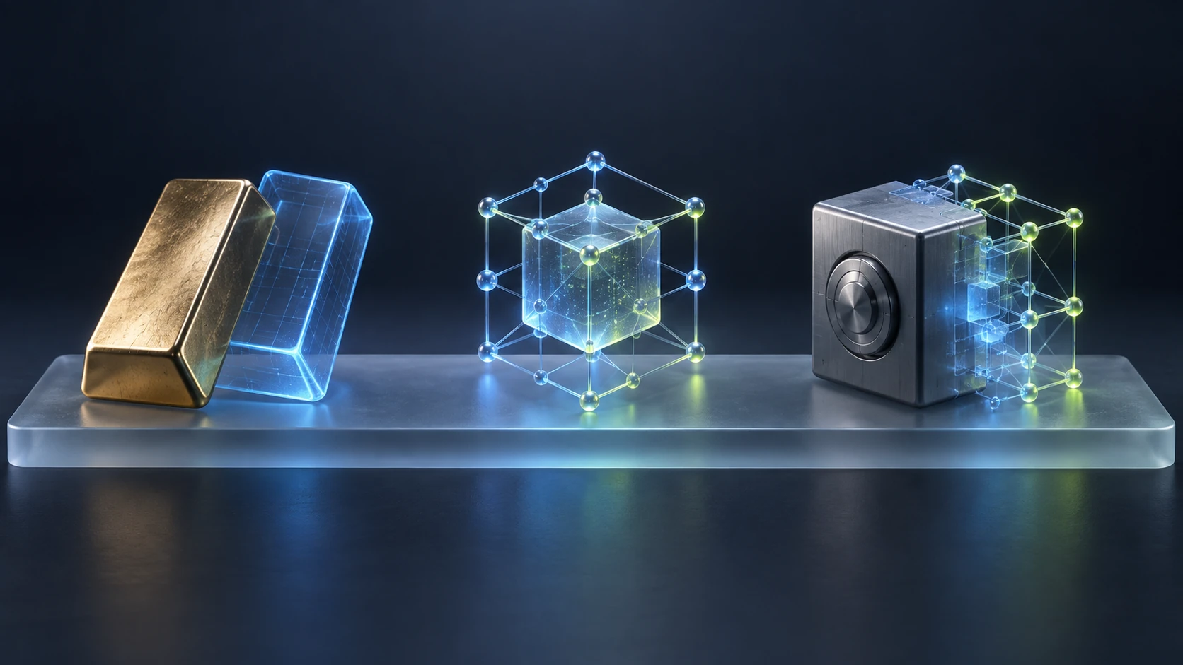 Three separate structures illustrate a digital twin, a native digital asset and a hybrid collateral model.