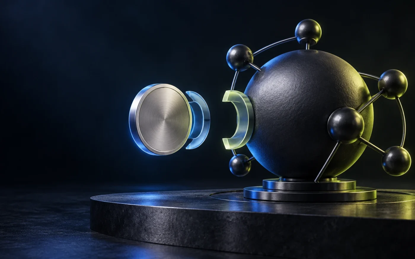 A smaller stable-value asset approaches a dominant network core through an unfinished connector.