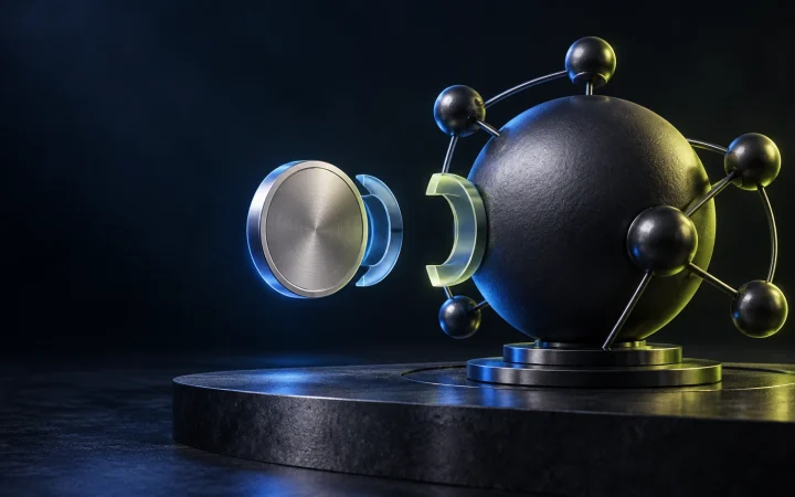 A smaller stable-value asset approaches a dominant network core through an unfinished connector.