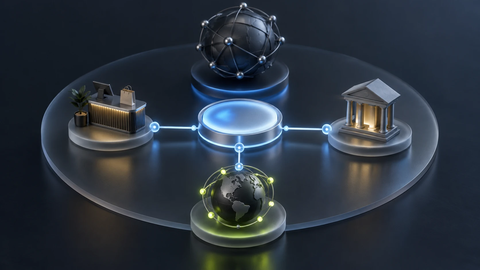 A stable-value module connects to commerce, settlement and network gateway use cases.