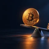A Bitcoin coin balances against collateral with a physical leverage safety stop.