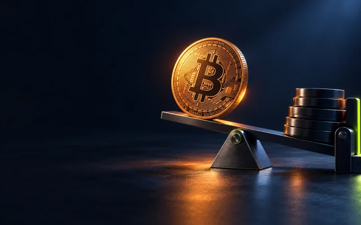A Bitcoin coin balances against collateral with a physical leverage safety stop.