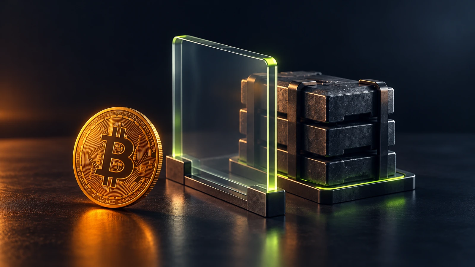 A Bitcoin coin remains separated from stacked leverage blocks by a transparent collateral barrier.