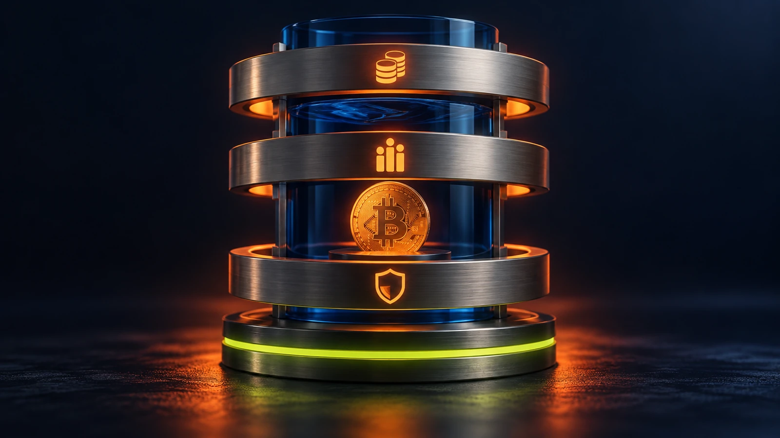 Separate contract layers surround a protected Bitcoin liquidity chamber for risk monitoring.