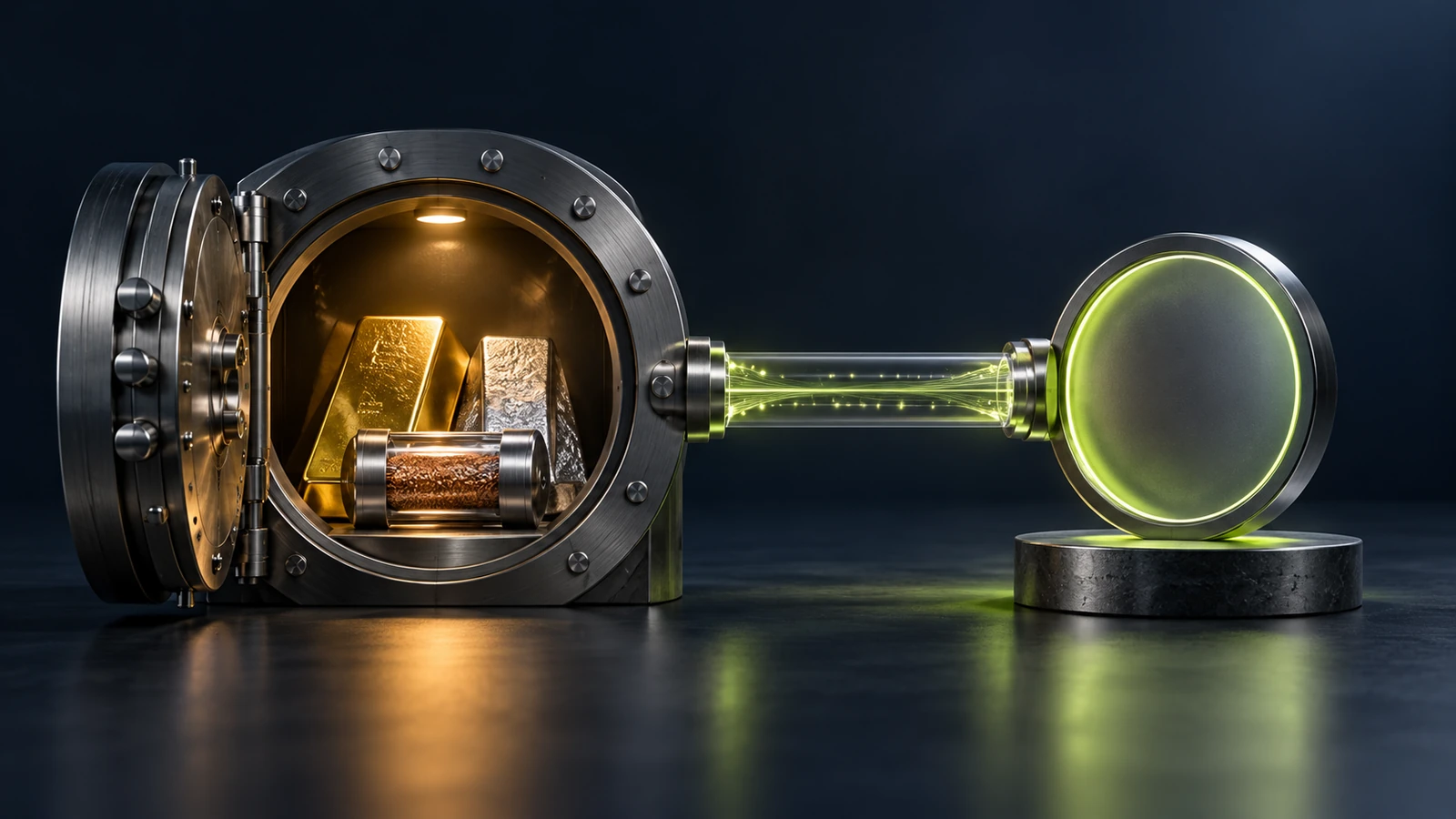 A secure commodity vault connects to a neutral digital token through a verification bridge.