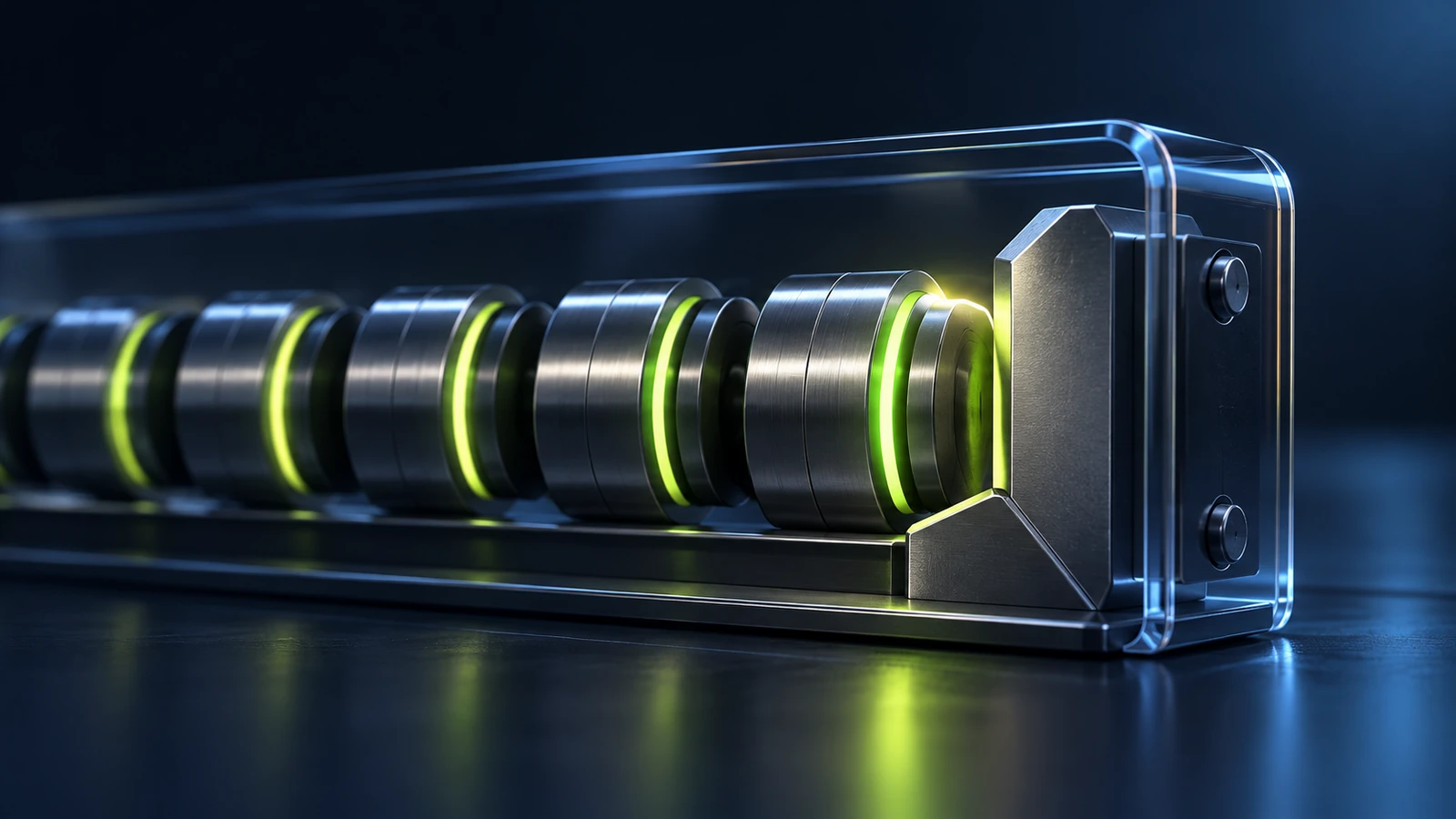 Bounded ledger values meet a mechanical safety stop inside a validation chamber.