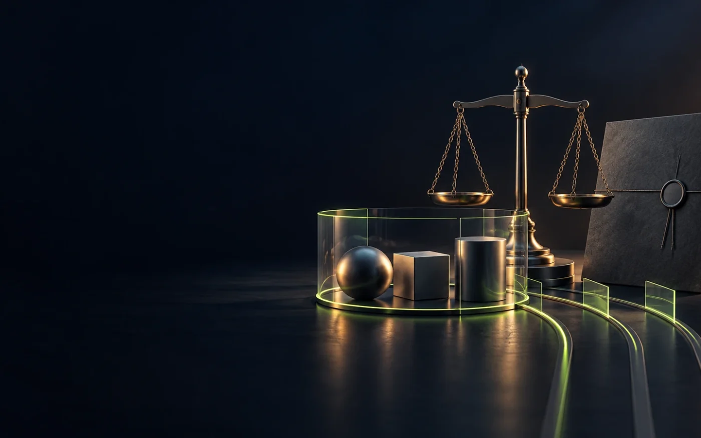 A legal balance, plain asset forms and a sealed document illustrate a crypto settlement review.