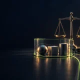 A legal balance, plain asset forms and a sealed document illustrate a crypto settlement review.