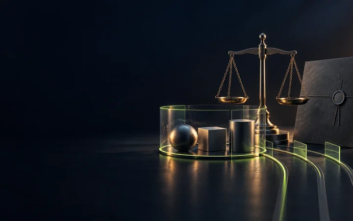 A legal balance, plain asset forms and a sealed document illustrate a crypto settlement review.