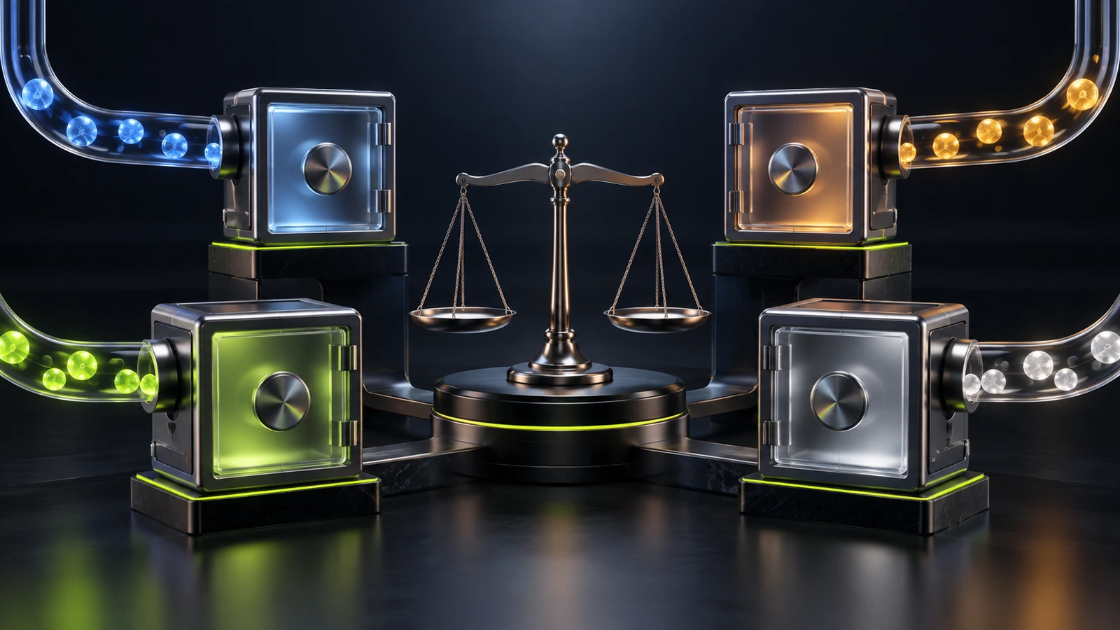 Four separate legal channels enter distinct compartments around a central balance scale.
