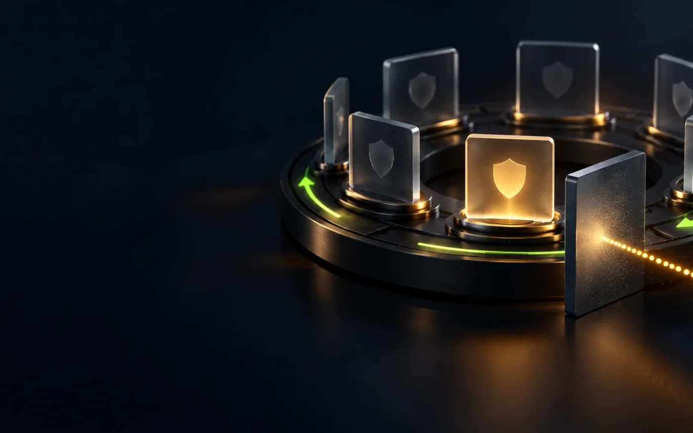 Separate shielded address nodes rotate behind a privacy screen that stops a lookup path.