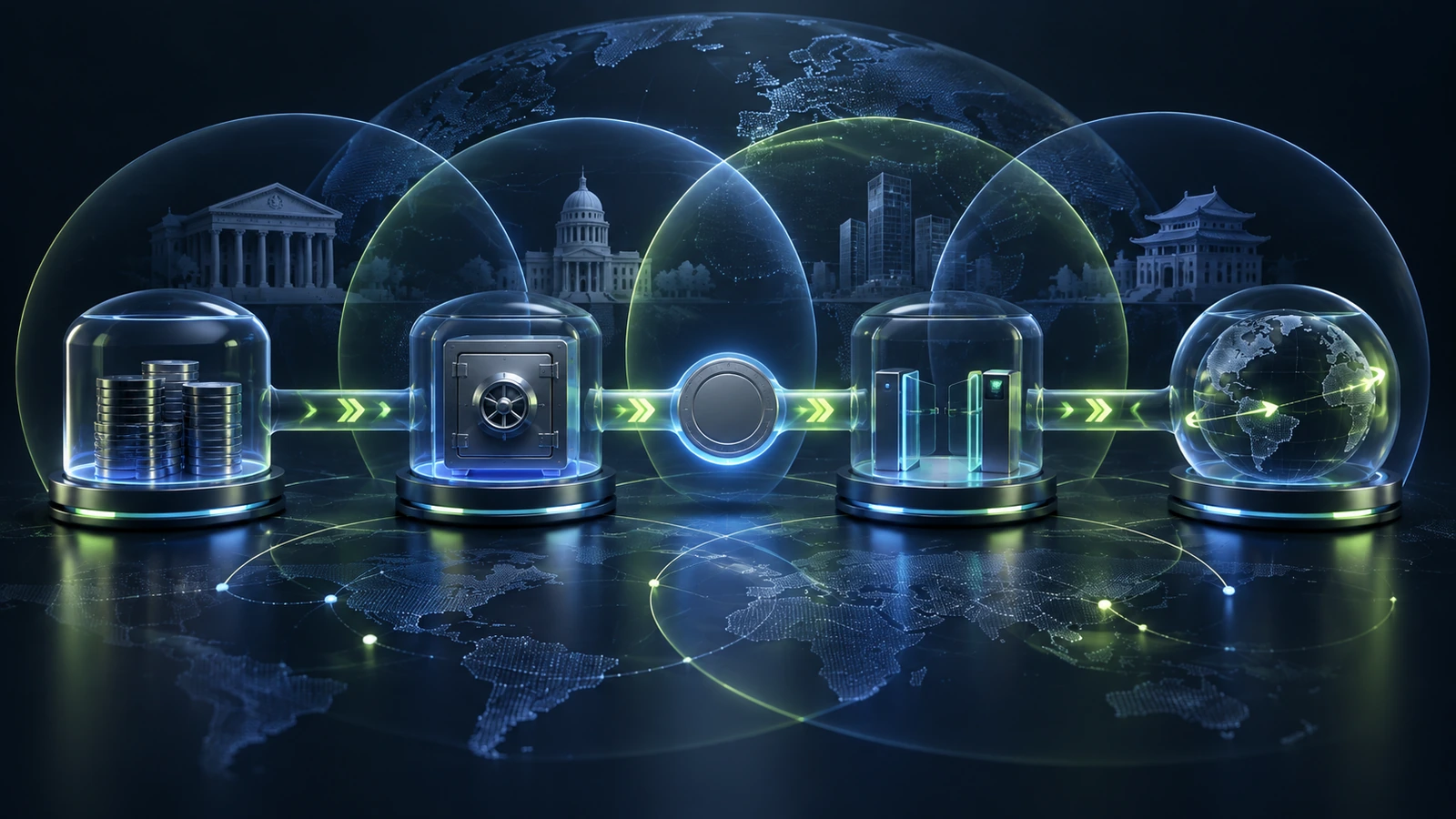 Reserve, custody, access and transfer modules connect across several jurisdictions.