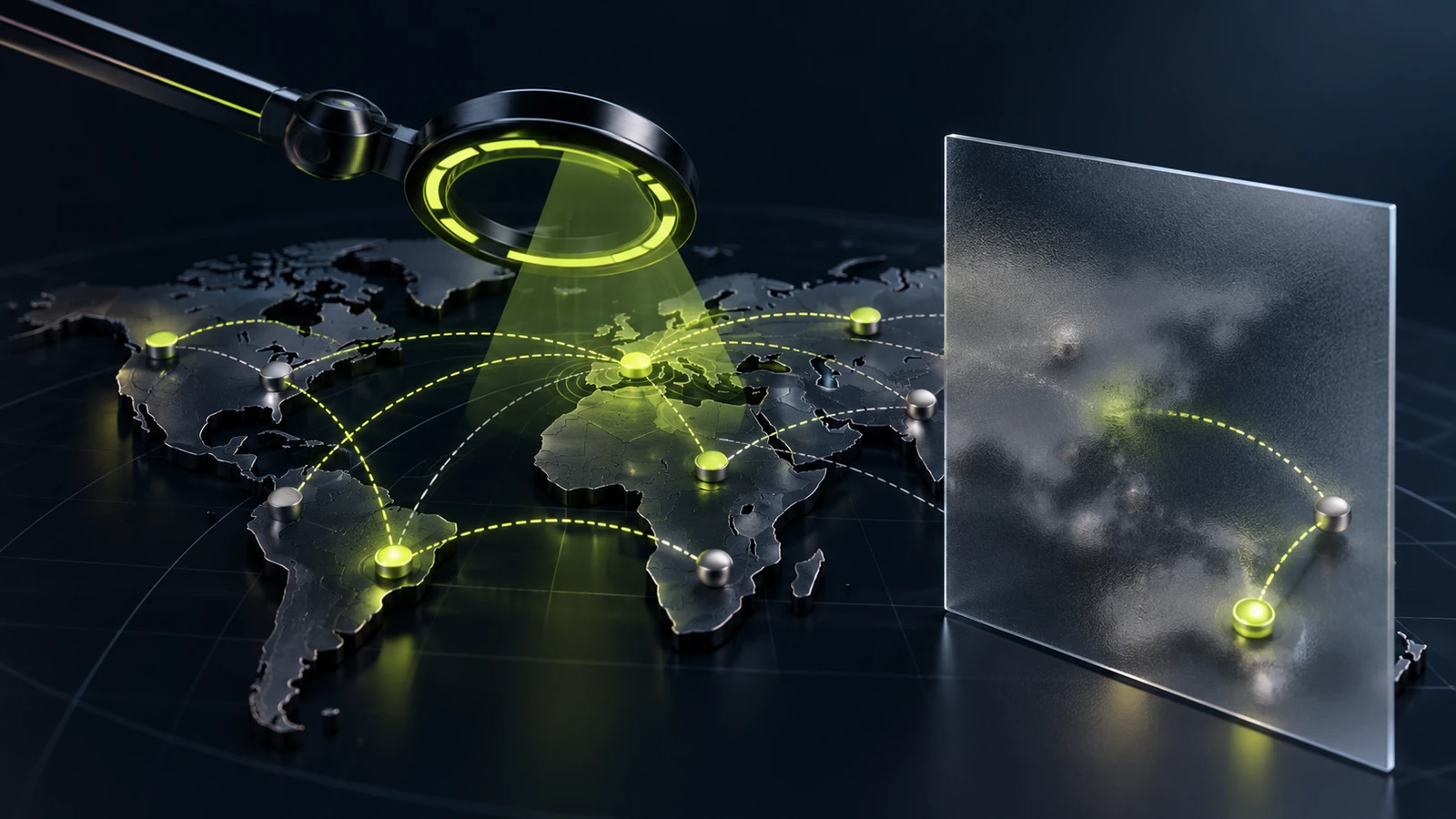 A monitoring lens reveals data gaps behind a translucent cross-border network barrier.