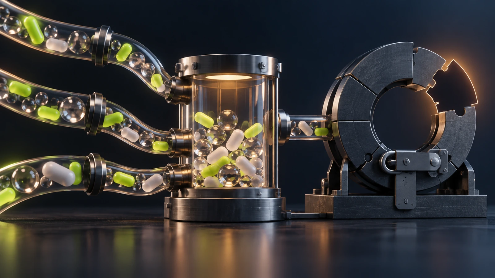 Plain input capsules enter a review chamber beside an incomplete locked regulatory framework.