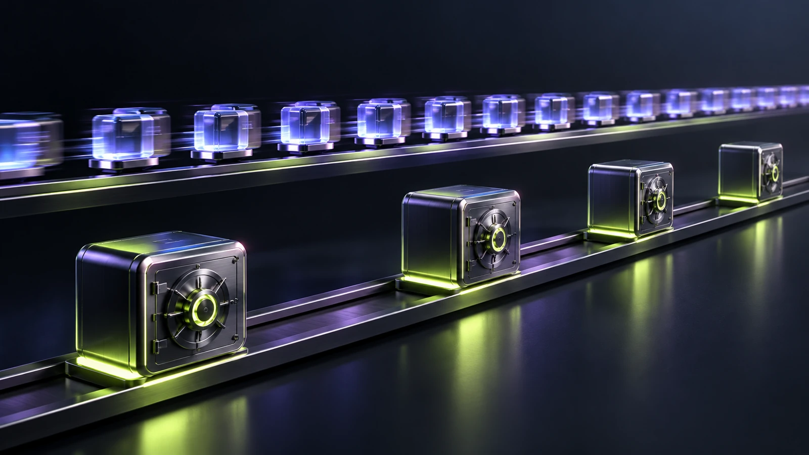 Fast slot capsules move beside wider-spaced snapshot vaults in a network timing system.