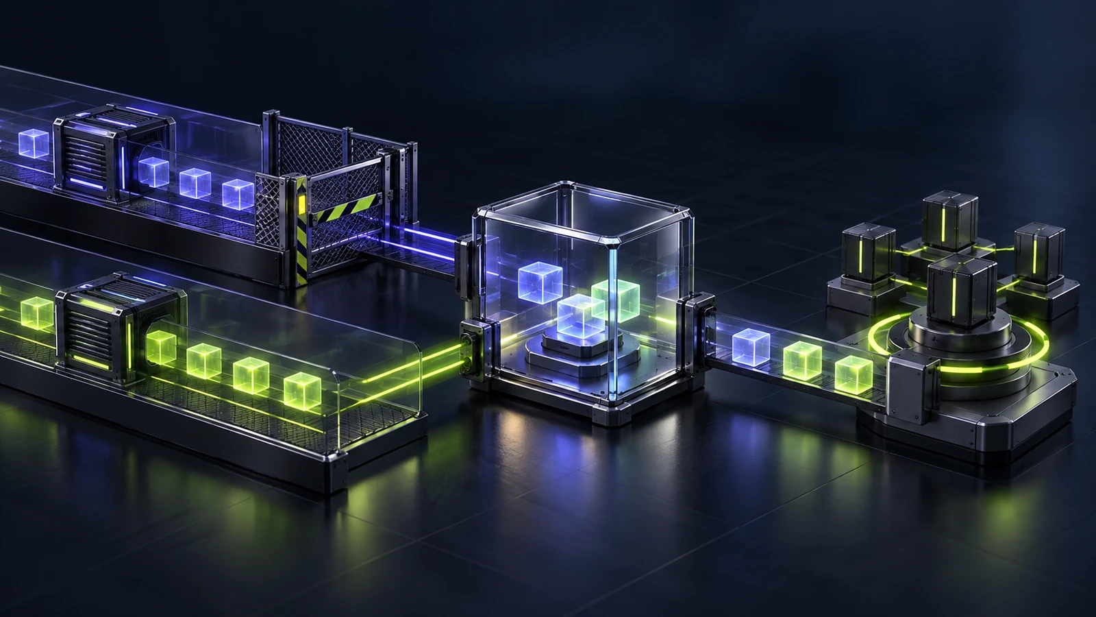 Two validator client lanes enter a separate test chamber before a future production stage.