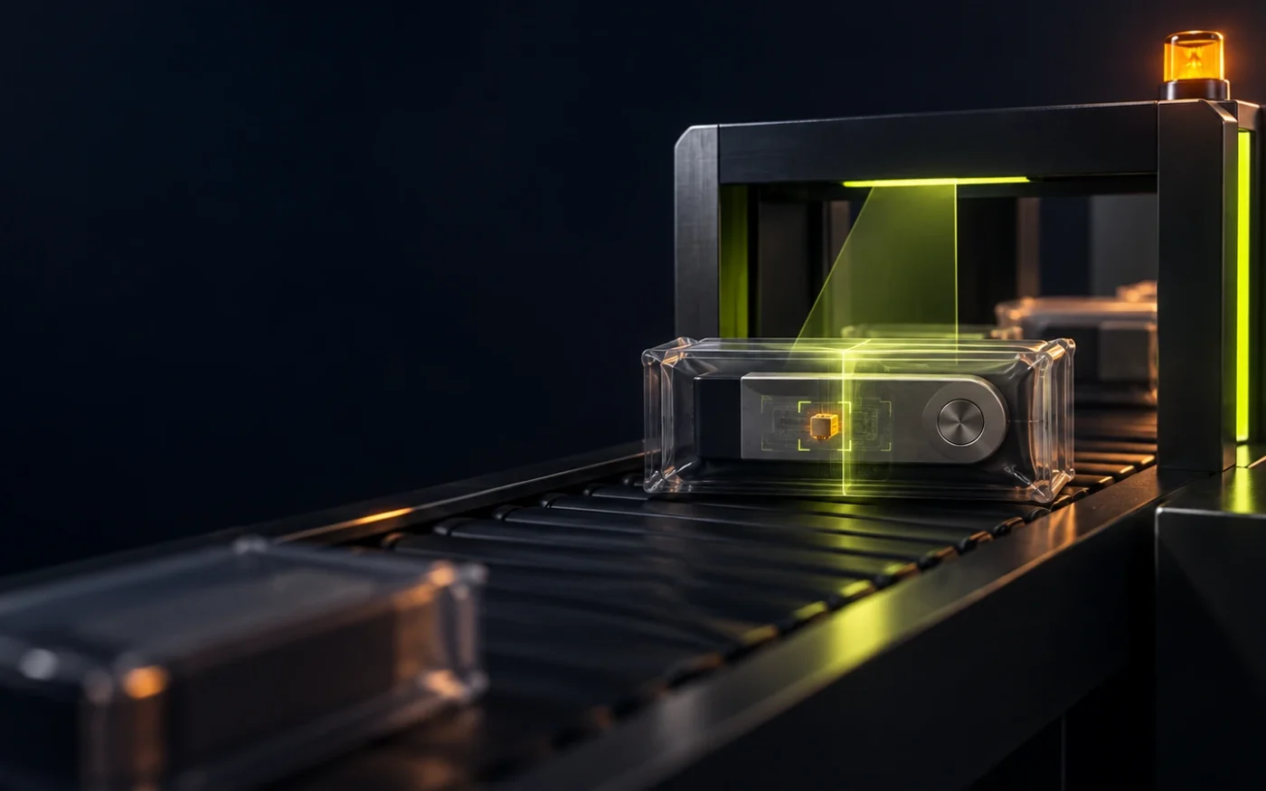 A generic hardware wallet package is scanned while one foreign component is revealed.