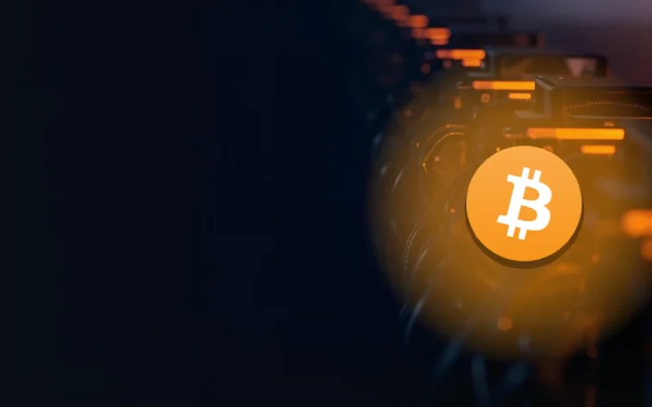 Bitcoin-logoet over en mørk navybaggrund med rækker af glødende mining-rigs.