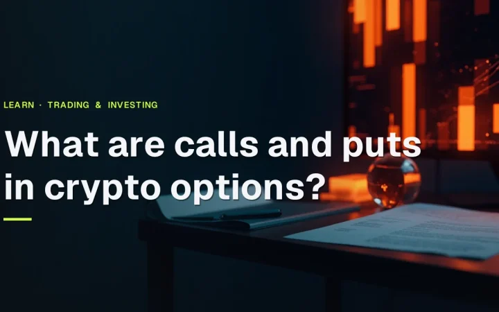Titlen What are calls and puts in crypto options over et mørkt skrivebord med kontrakter og en glødende kugle.