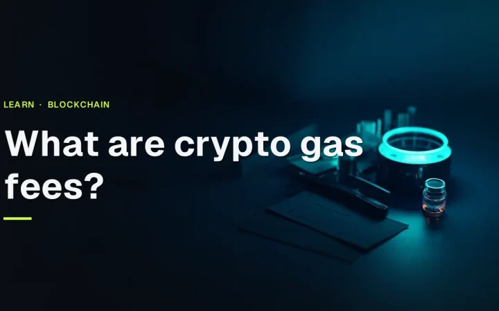 What are crypto gas fees? A glowing cyan gas gauge and abstract meters on a dark navy desk.