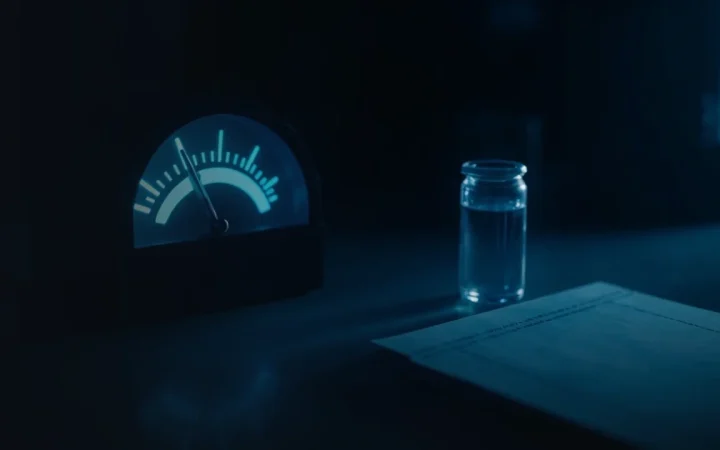 En glødende cyan gasmåler og abstrakte målere på et mørkt navyblåt skrivebord.